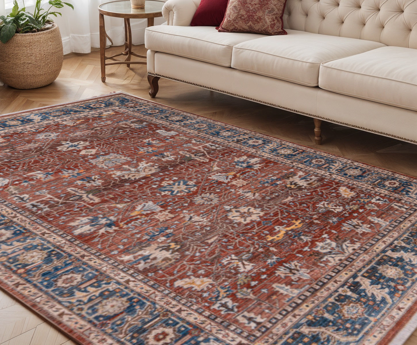 5 X 8 Red Beige And Blue Oriental Area Rug With Fringe