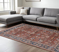 7 X 10 Red Beige And Blue Oriental Area Rug With Fringe