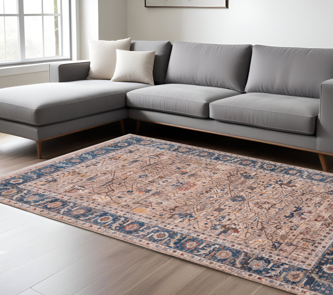 9 X 13 Teal Brown And Beige Oriental Area Rug With Fringe