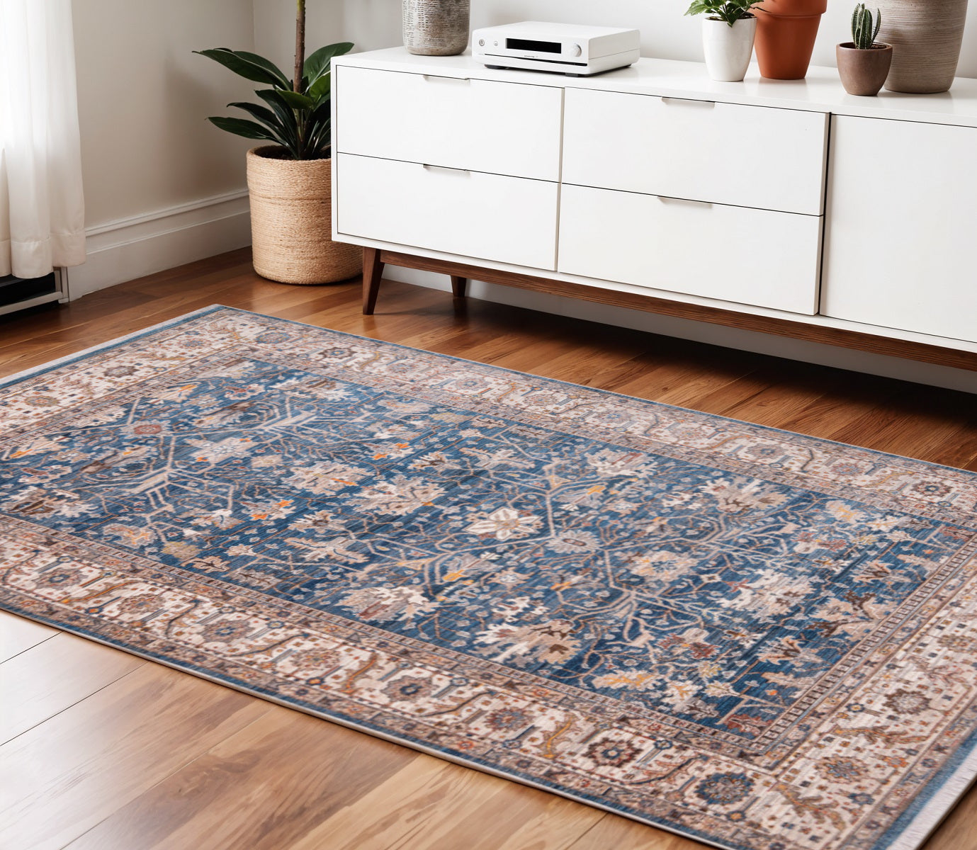 4 X 5 Navy Blue Beige And Brown Oriental Area Rug With Fringe