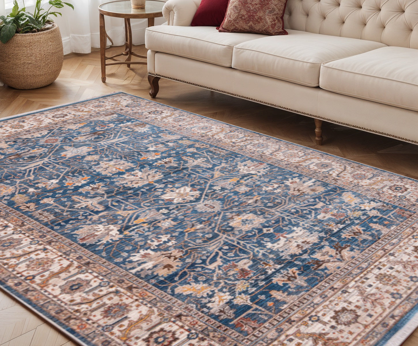 5 X 8 Navy Blue Beige And Brown Oriental Area Rug With Fringe