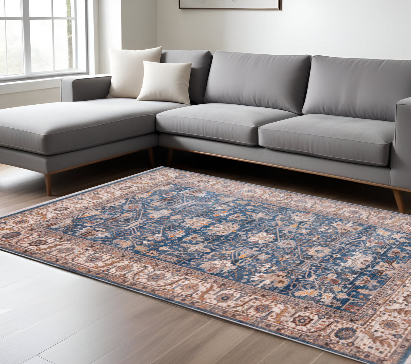 9 X 13 Navy Blue Beige And Brown Oriental Area Rug With Fringe