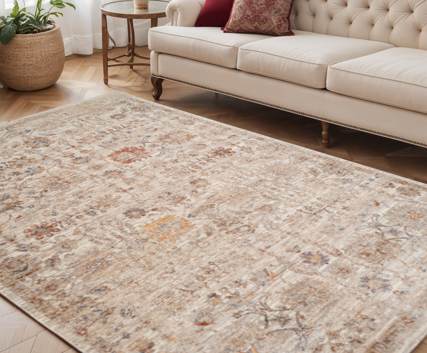 5 X 7 Ivory And Brown Floral Medallion Area Rug With Fringe