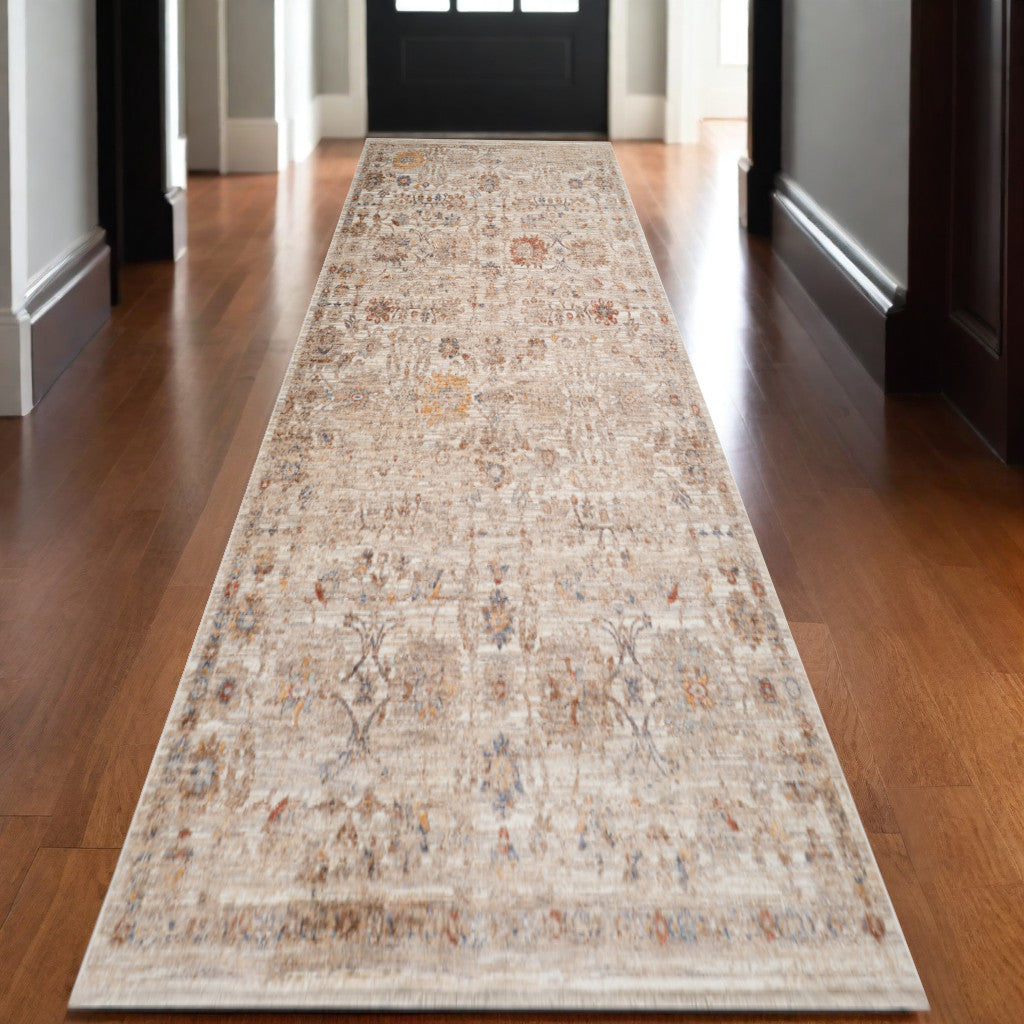 3 X 10 Ivory And Brown Floral Medallion Runner Rug With Fringe
