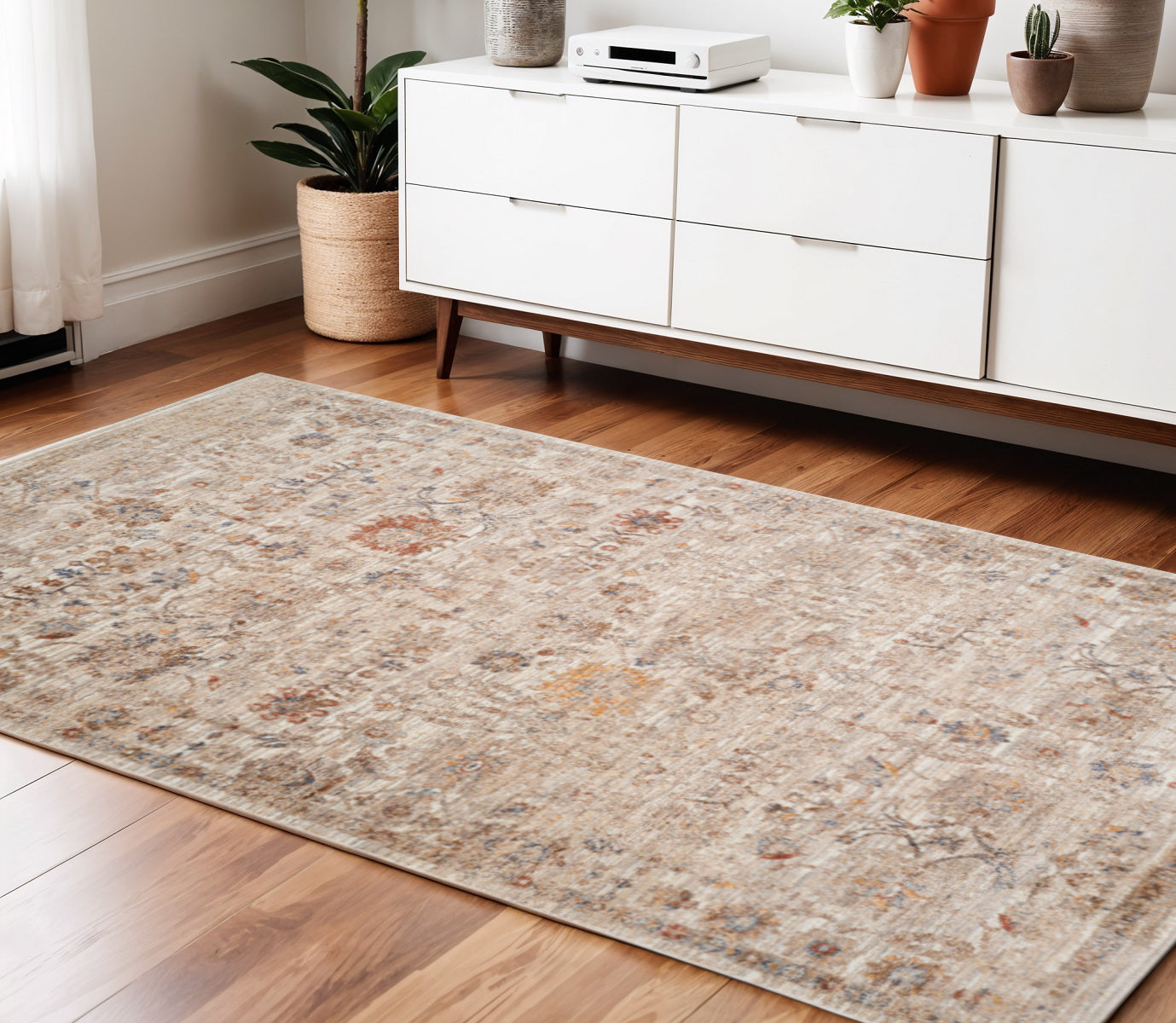 4 X 6 Ivory And Brown Floral Medallion Area Rug With Fringe