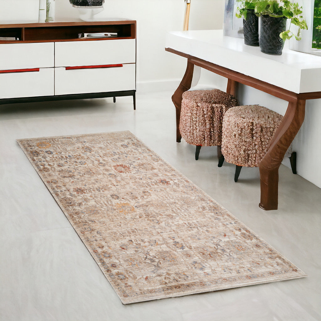 3 X 6 Ivory And Brown Floral Medallion Runner Rug With Fringe