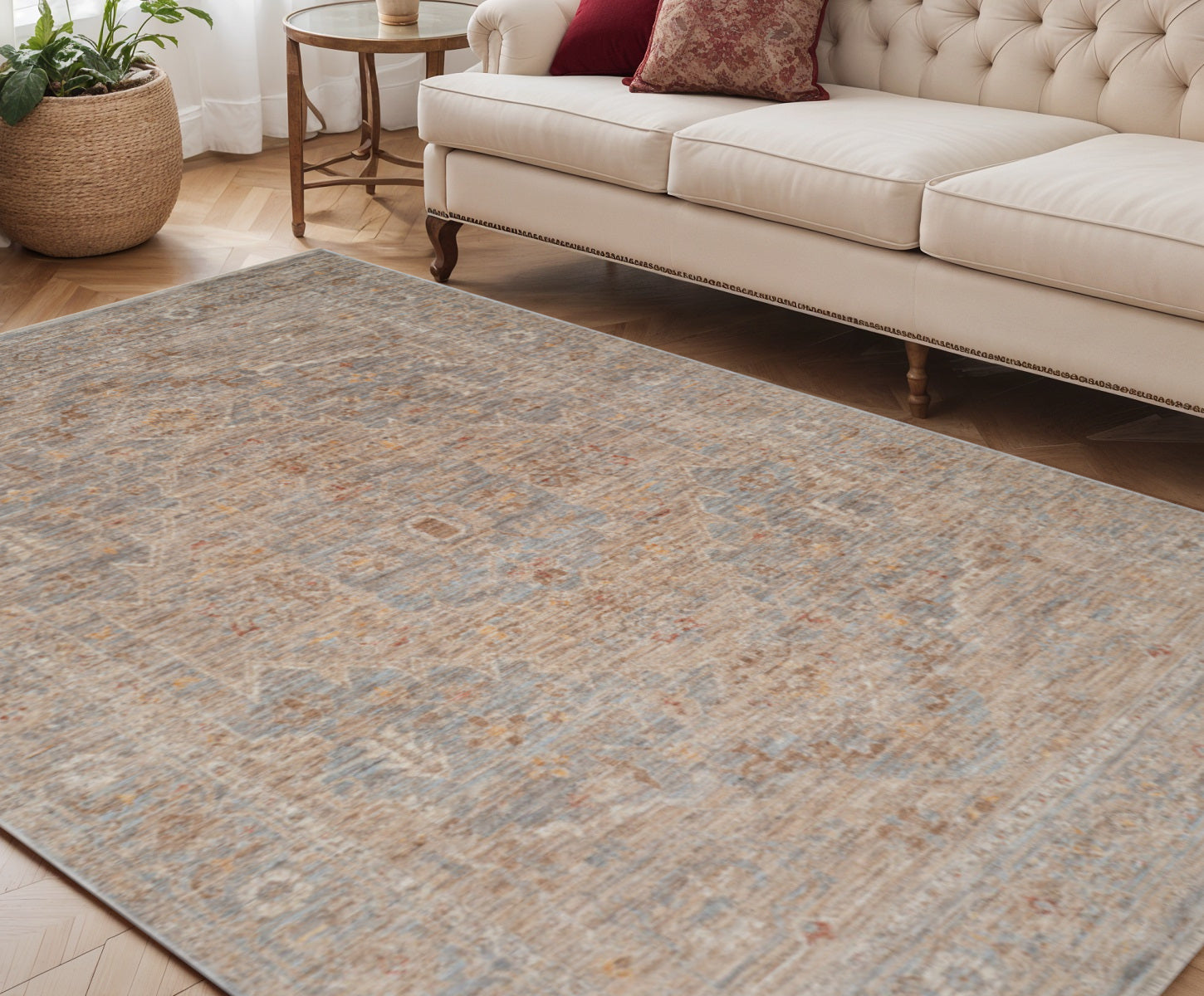 5 X 7 Blue And Sand Floral Medallion Area Rug With Fringe