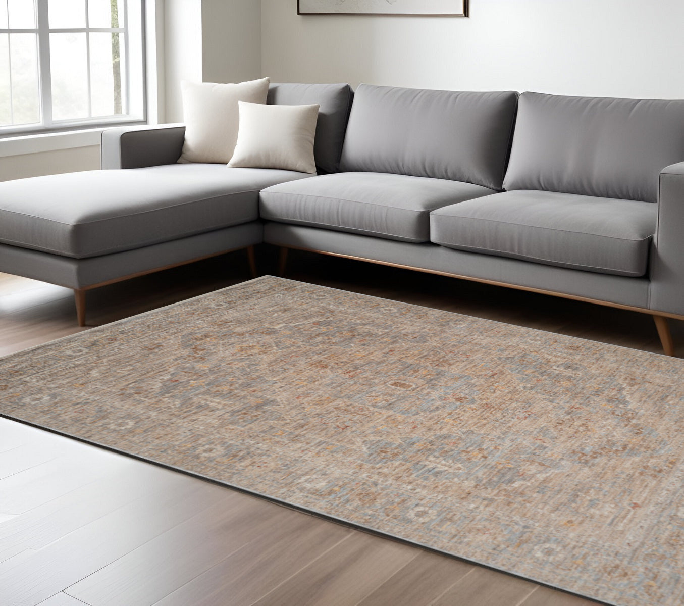 8 X 10 Blue And Sand Floral Medallion Area Rug With Fringe
