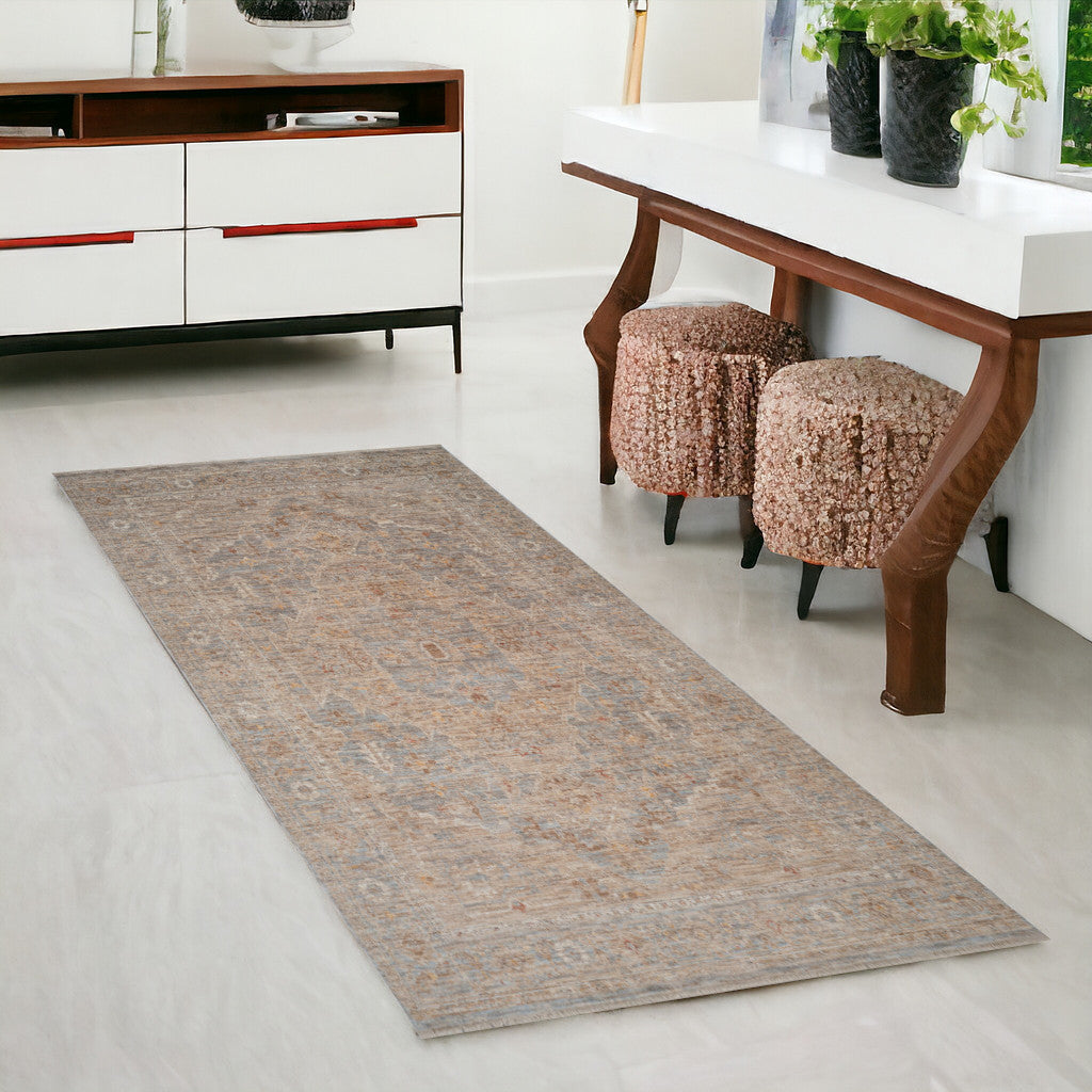 3 X 6 Blue And Sand Floral Medallion Runner Rug With Fringe