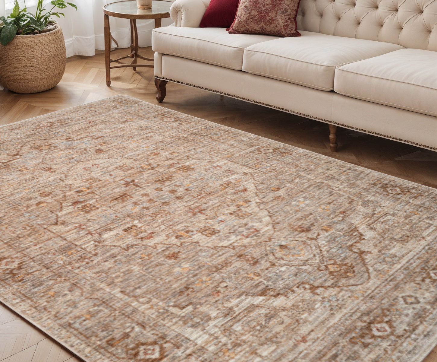 5 X 7 Beige And Brown Floral Medallion Area Rug With Fringe