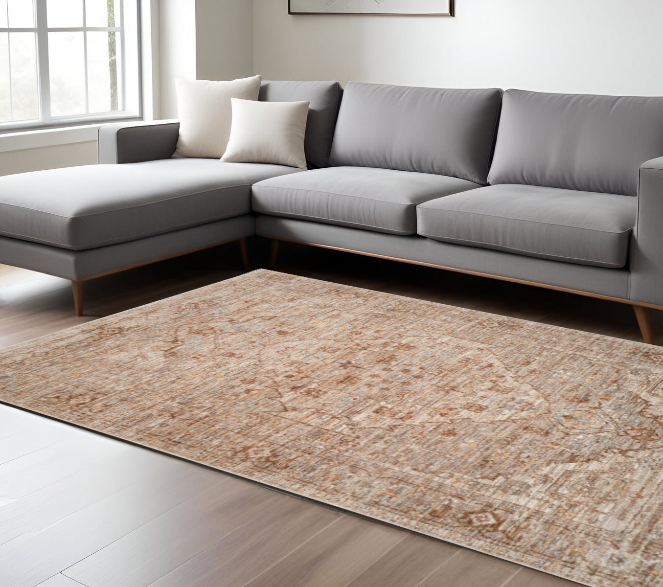 8 X 10 Beige And Brown Floral Medallion Area Rug With Fringe