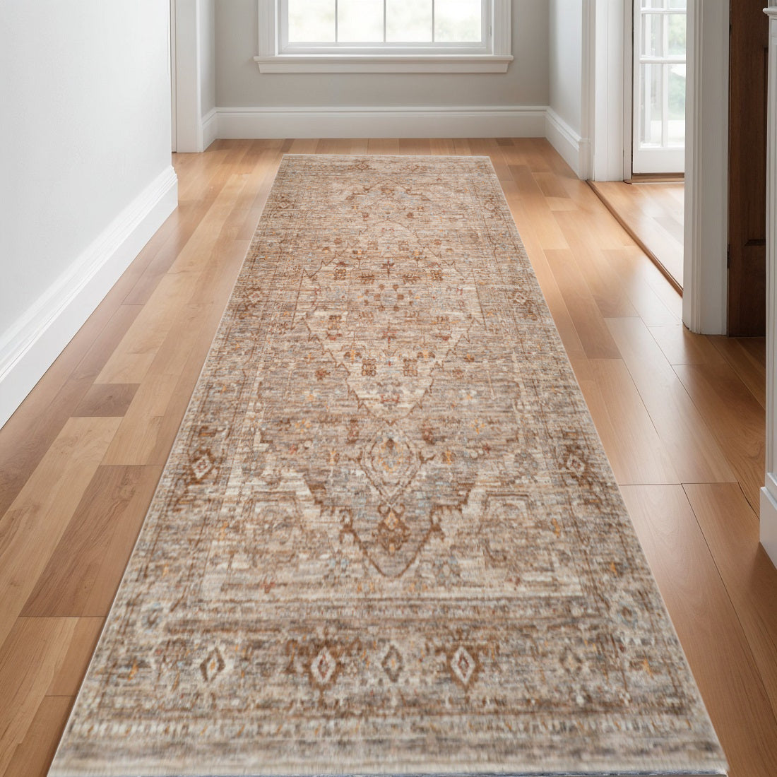 3 X 10 Beige And Brown Floral Medallion Runner Rug With Fringe