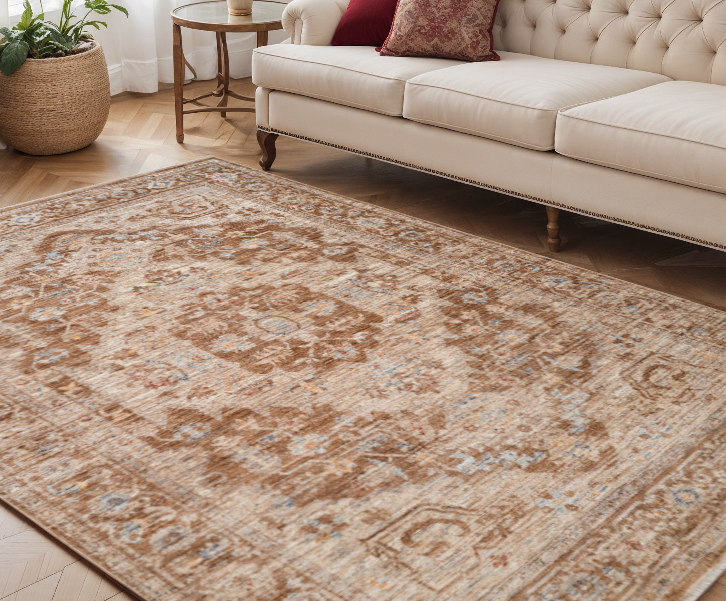 5 X 7 Sand And Brown Floral Medallion Area Rug With Fringe