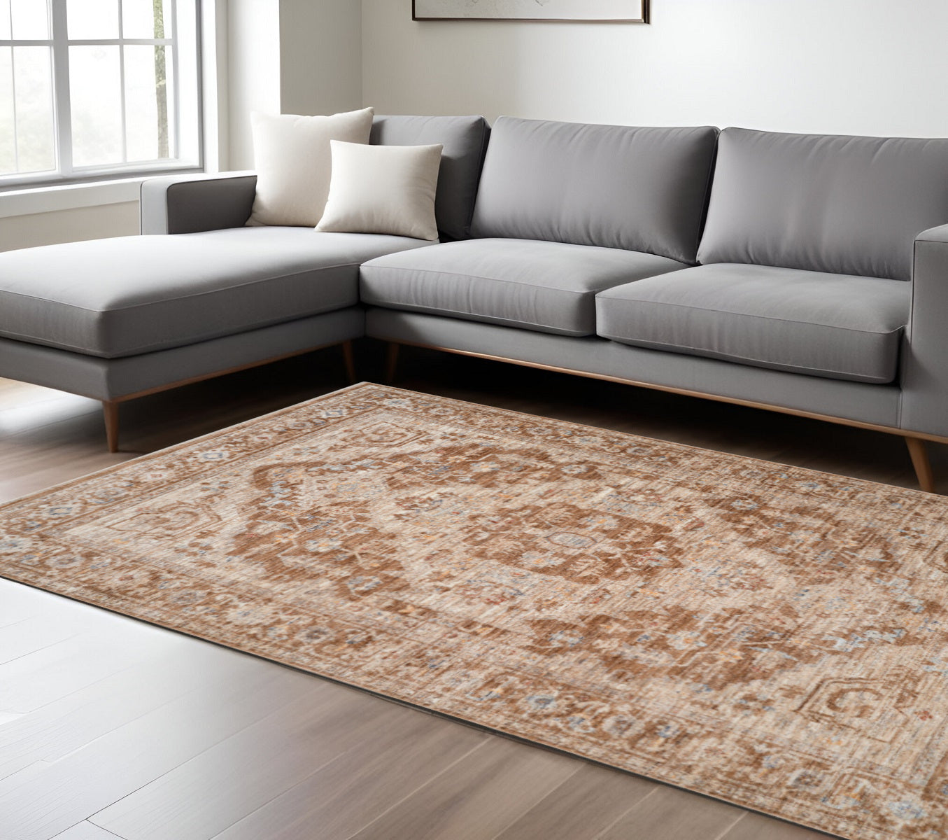 9 X 12 Sand And Brown Floral Medallion Area Rug With Fringe