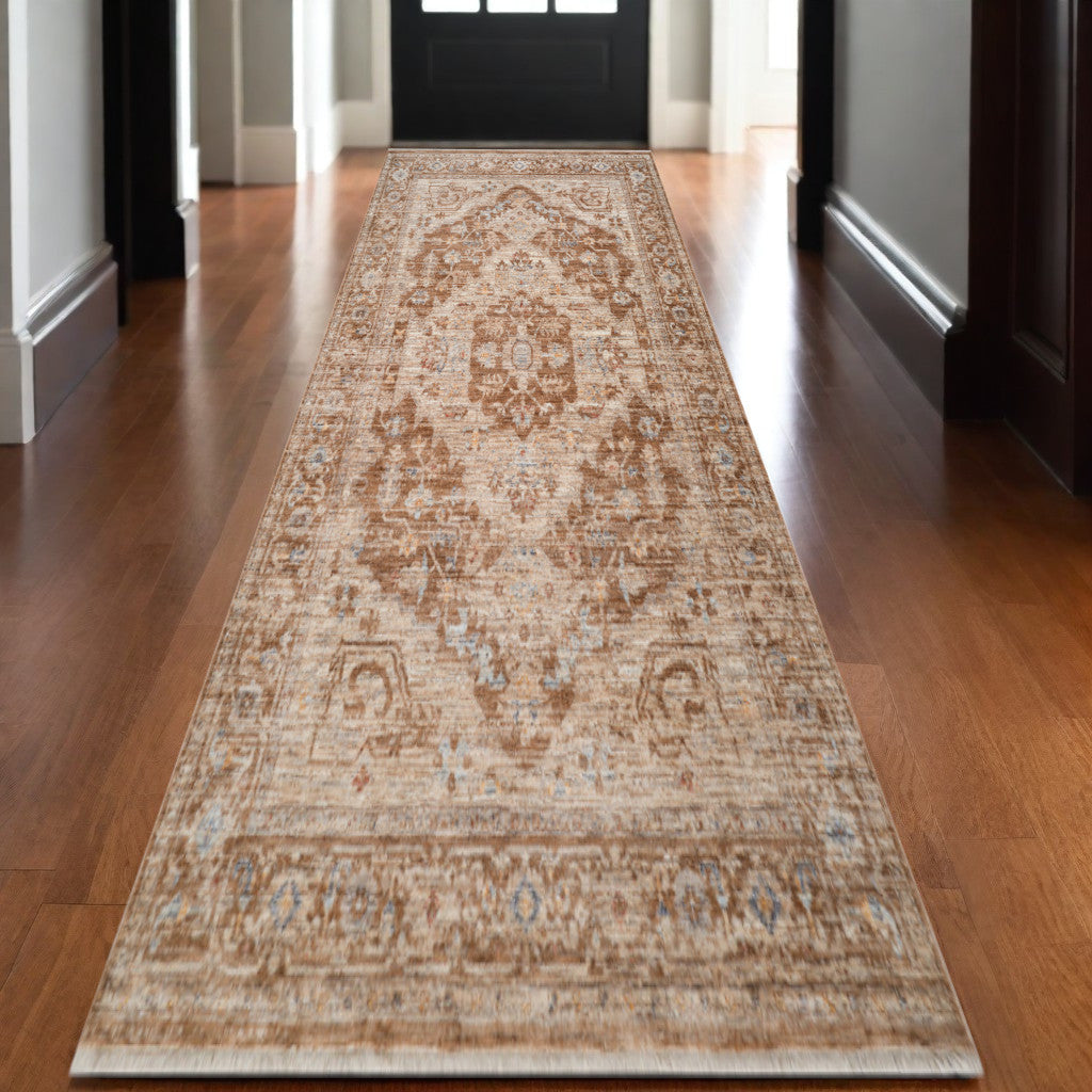 3 X 10 Sand And Brown Floral Medallion Runner Rug With Fringe
