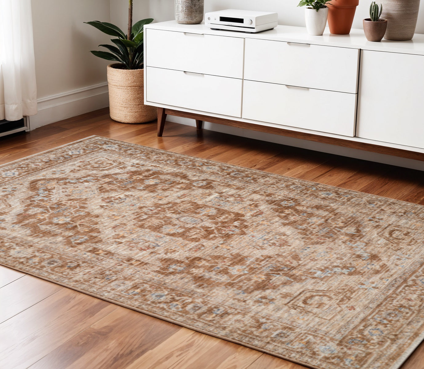 4 X 6 Sand And Brown Floral Medallion Area Rug With Fringe