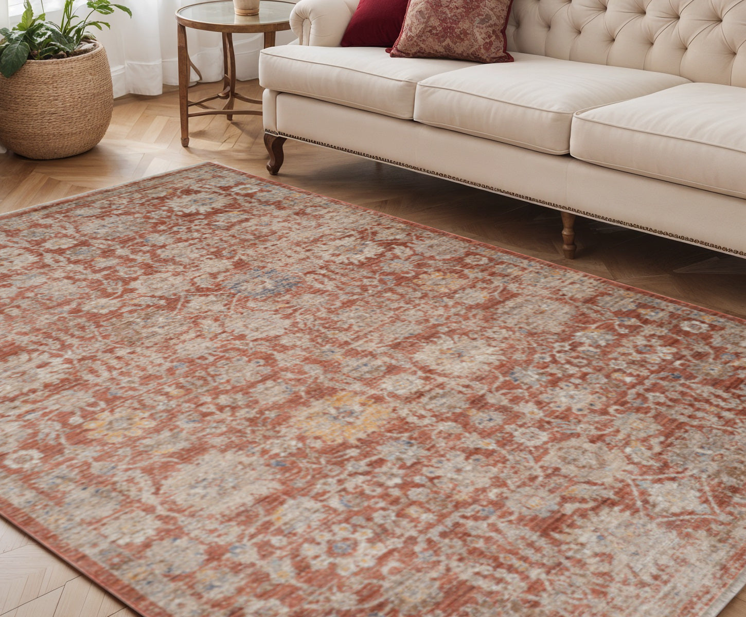5 X 7 Brick Red And Gray Floral Medallion Area Rug With Fringe