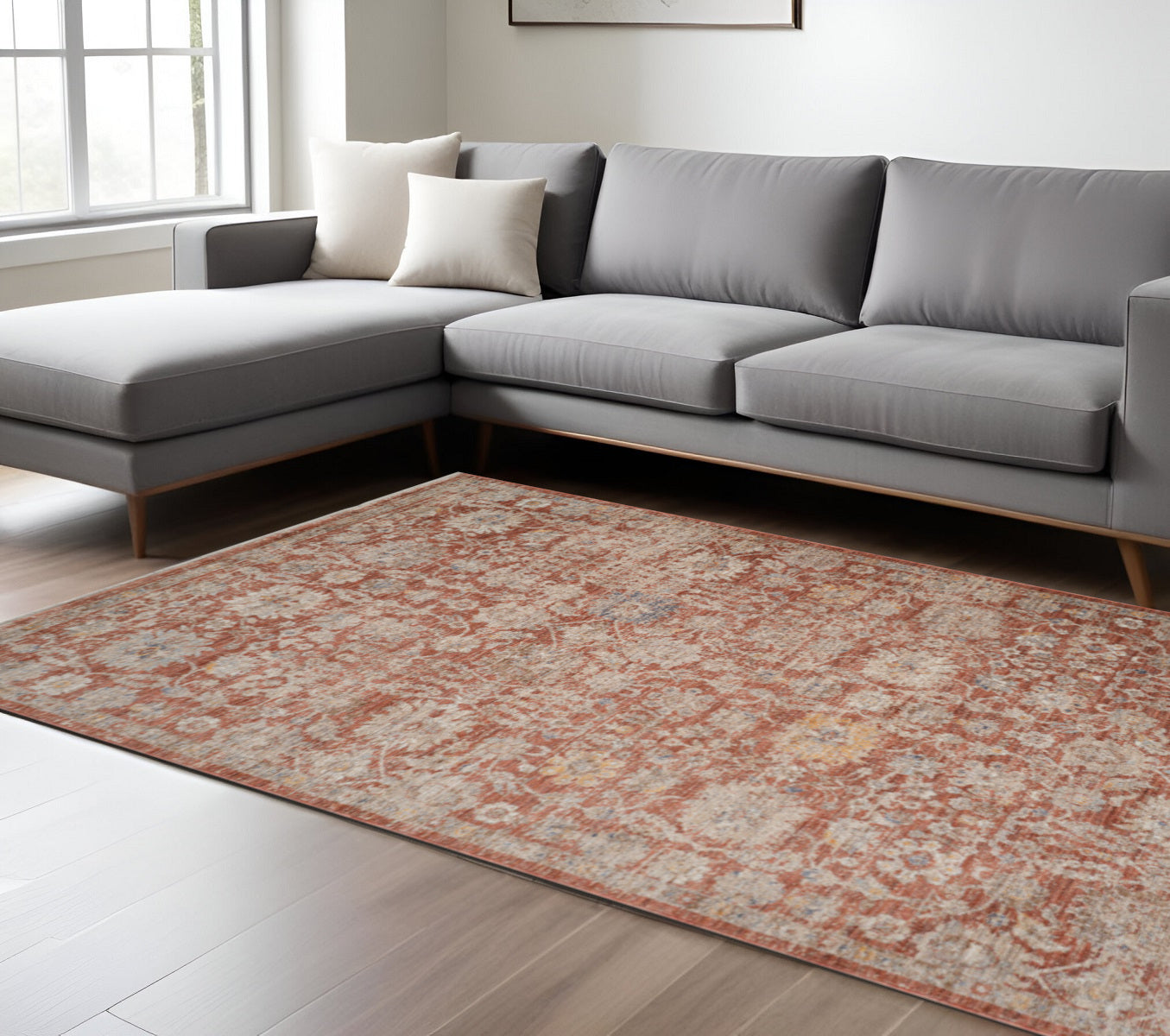 8 X 10 Brick Red And Gray Floral Medallion Area Rug With Fringe