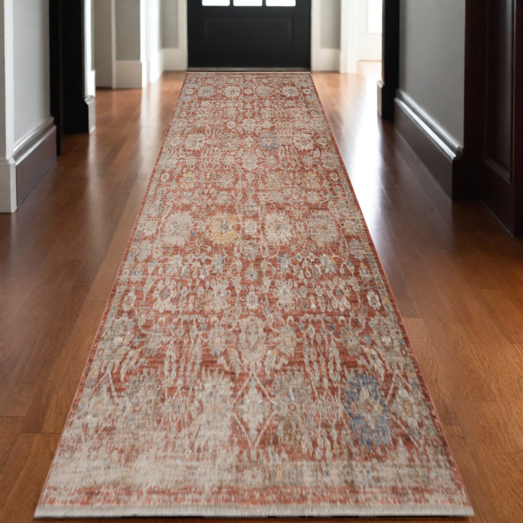 3 X 10 Brick Red And Gray Floral Medallion Runner Rug With Fringe