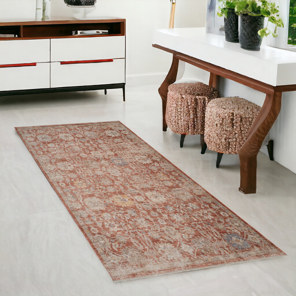 3 X 6 Brick Red And Gray Floral Medallion Runner Rug With Fringe