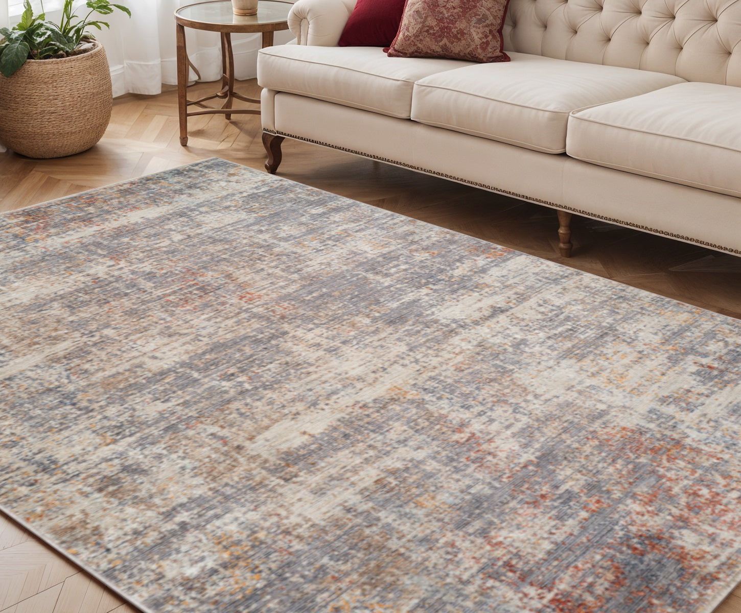 5 X 7 Gray Ivory And Brick Red Abstract Area Rug With Fringe