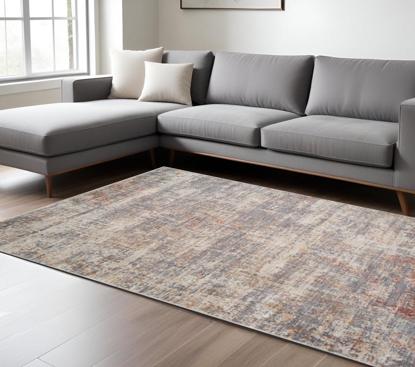 9 X 12 Gray Ivory And Brick Red Abstract Area Rug With Fringe