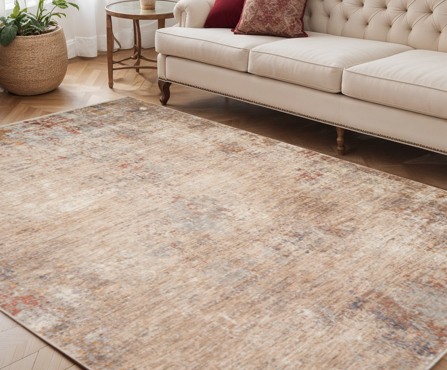 5 X 7 Beige And Brown Abstract Area Rug With Fringe