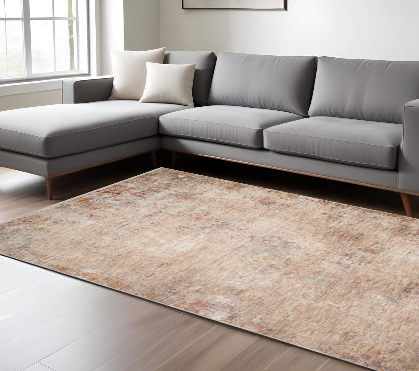 9 X 12 Beige And Brown Abstract Area Rug With Fringe