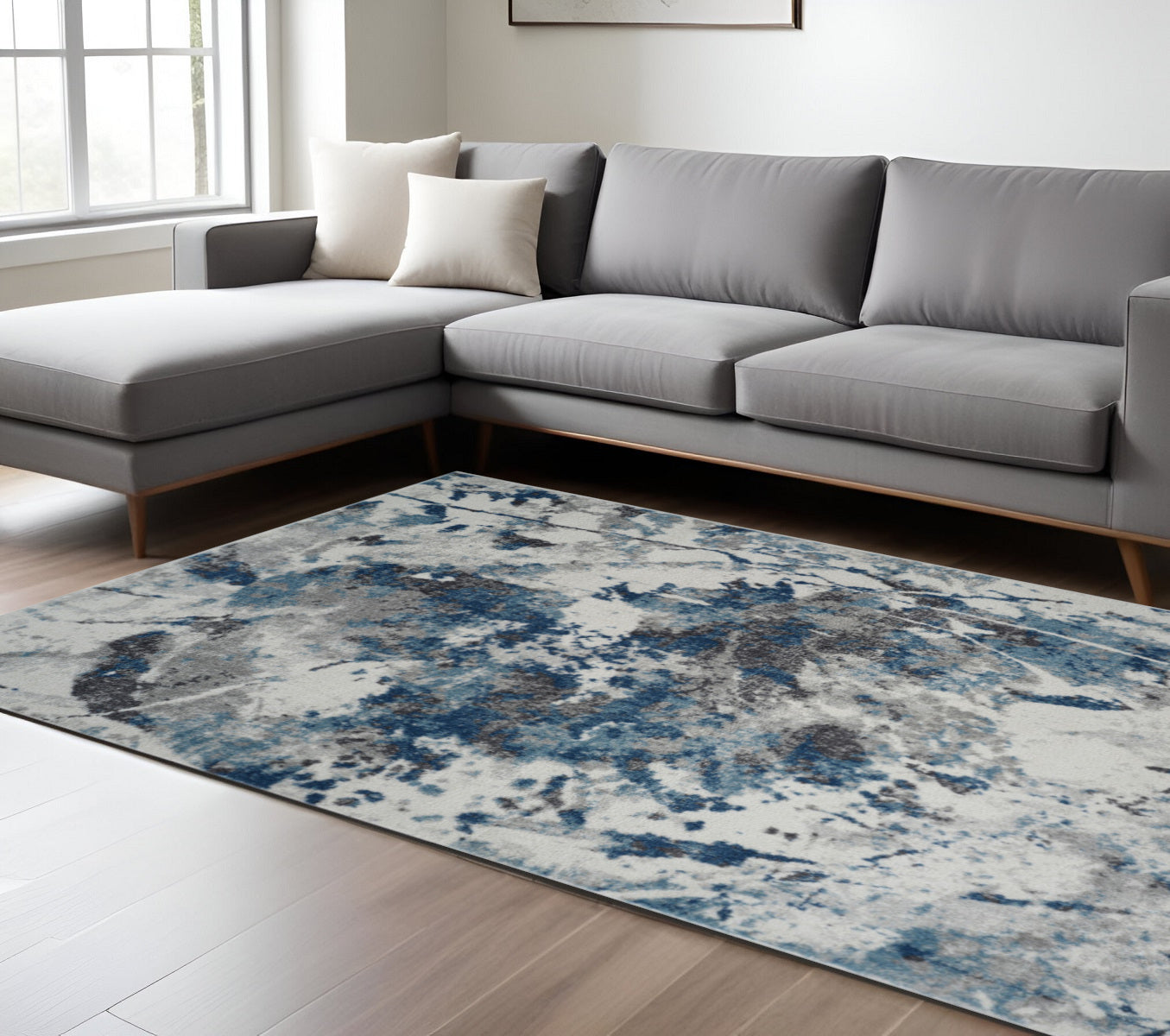 8 X 10 Ivory Teal And Black Abstract Area Rug