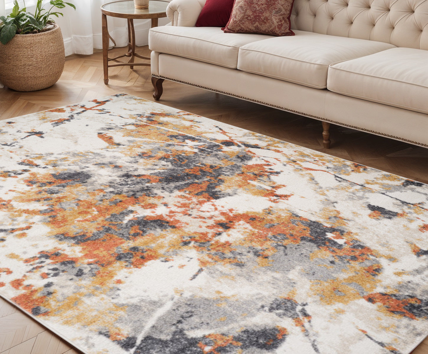 5 X 8 Ivory Orange And Gray Abstract Area Rug
