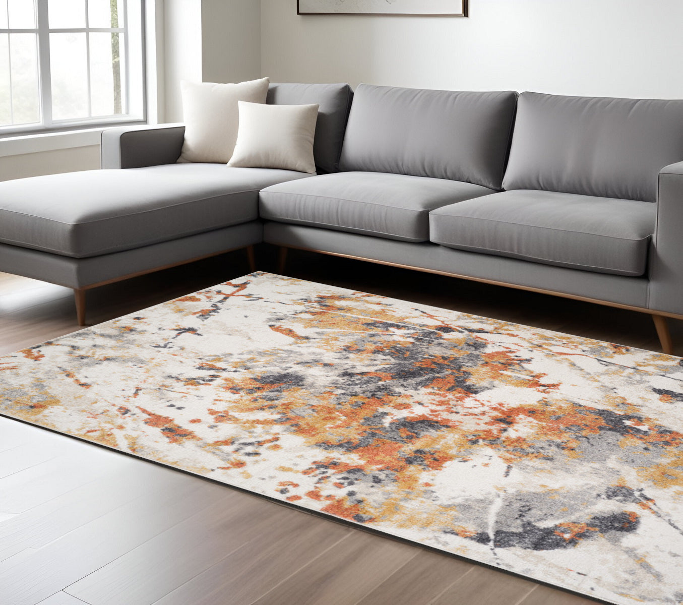 8 X 10 Ivory Orange And Gray Abstract Area Rug