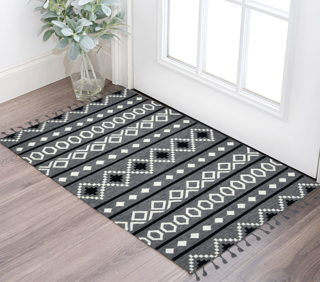 3 X 5 Black Gray And White Wool Geometric Handmade Area Rug With Fringe