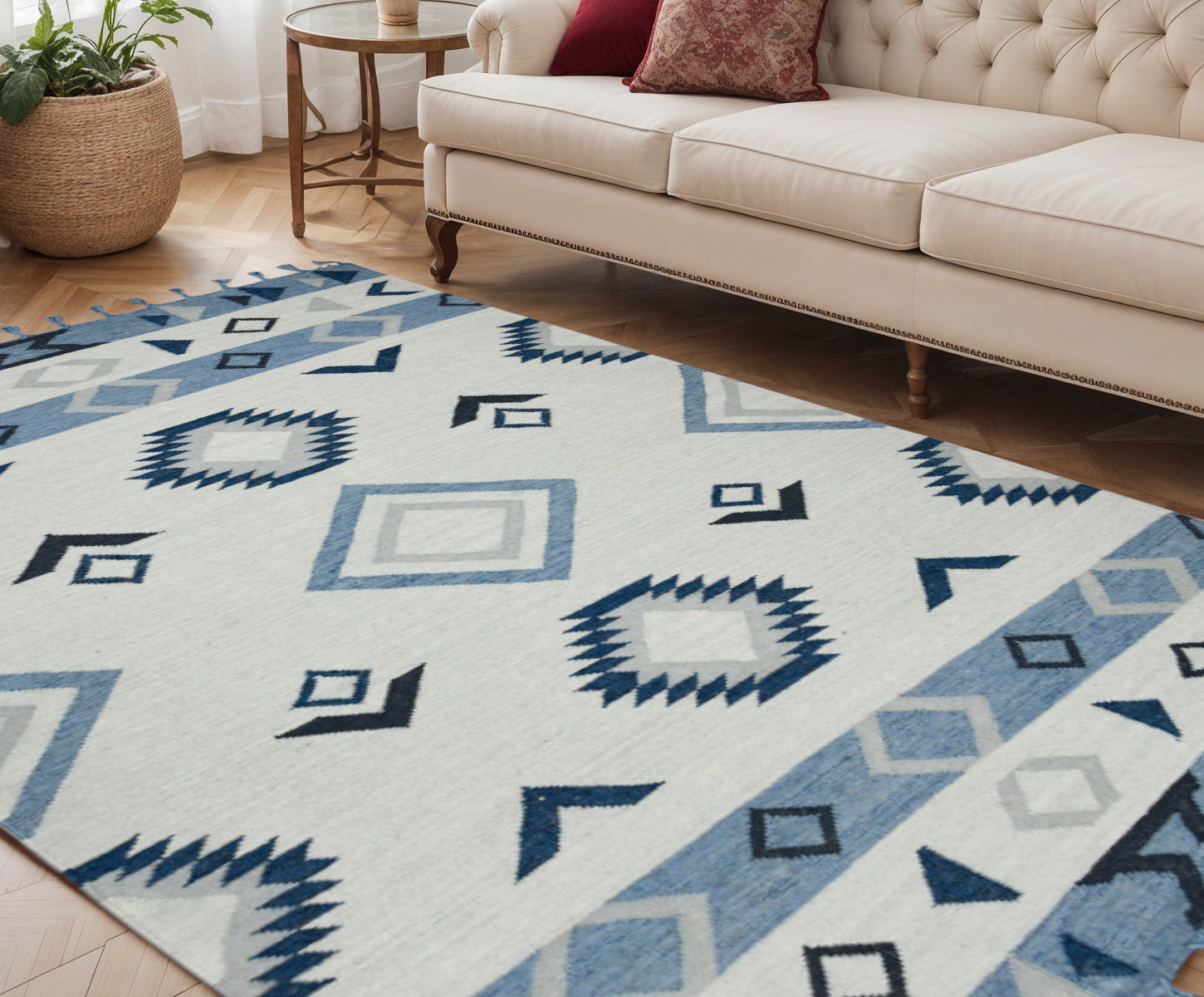 5 X 8 Sky Blue Gray And Black Wool Tribal Flatweave Handmade Area Rug With Fringe