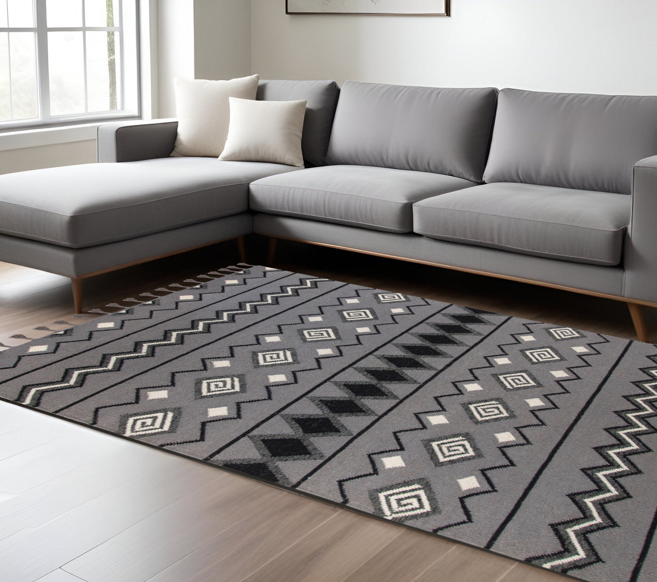 8 X 10 Black Gray And White Wool Geometric Handmade Area Rug With Fringe