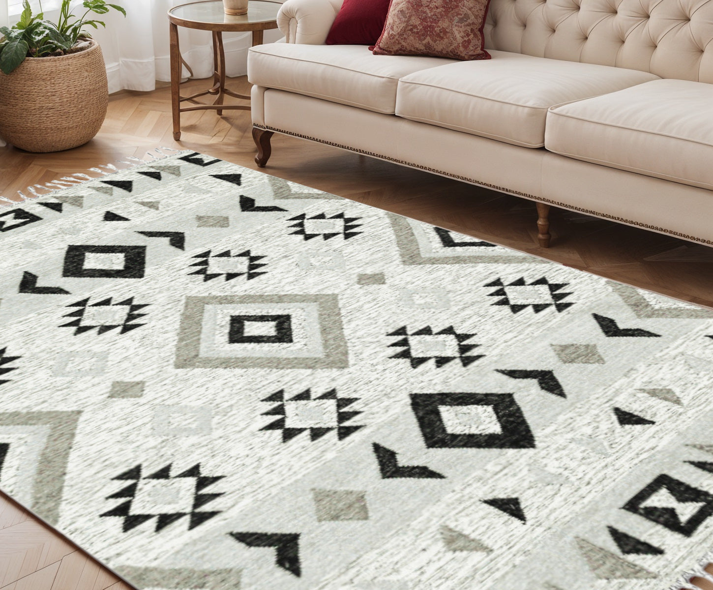 5 X 8 Black Gray And Silver Wool Geometric Handmade Area Rug With Fringe