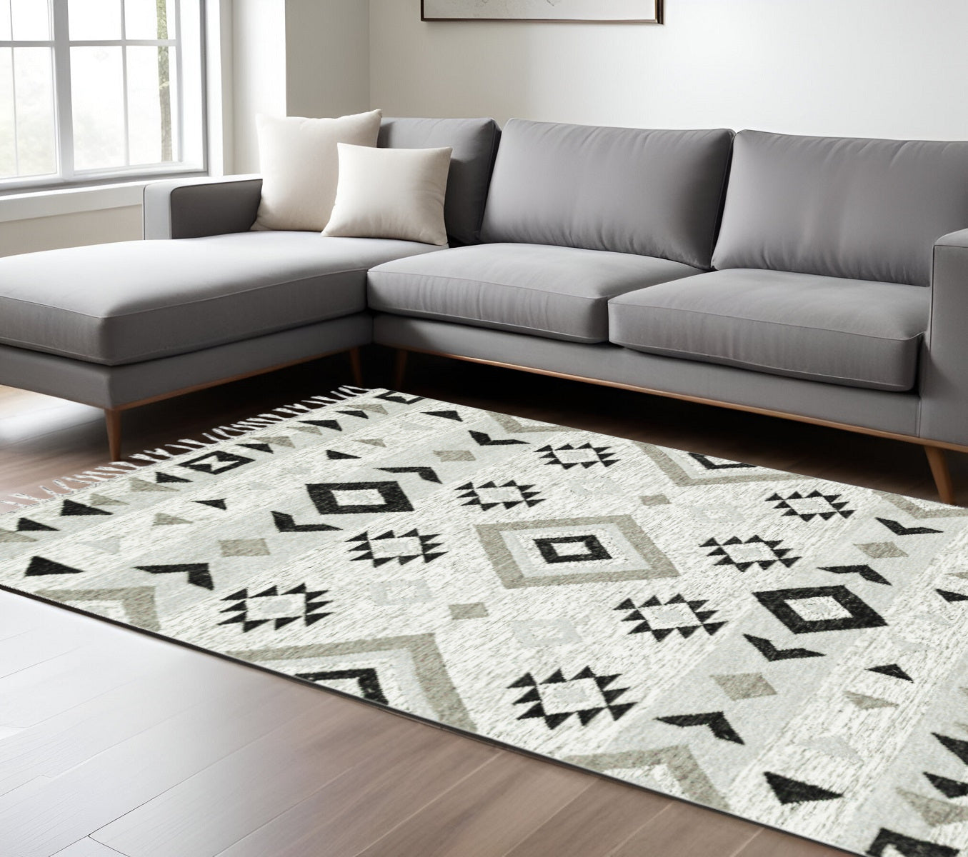 9 X 12 Black Gray And Silver Wool Geometric Handmade Area Rug With Fringe