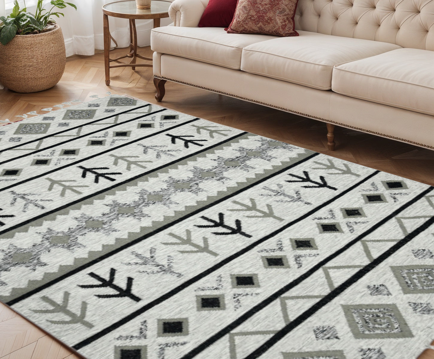 5 X 8 Ivory Gray And Black Wool Tribal Flatweave Handmade Area Rug With Fringe