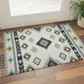 3 X 5 Ivory Blue And Gray Wool Tribal Flatweave Handmade Area Rug With Fringe
