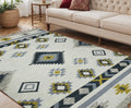 5 X 8 Ivory Blue And Gray Wool Tribal Flatweave Handmade Area Rug With Fringe