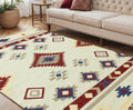 5 X 8 Beige Blue And Red Wool Abstract Geometric Handmade Area Rug With Fringe