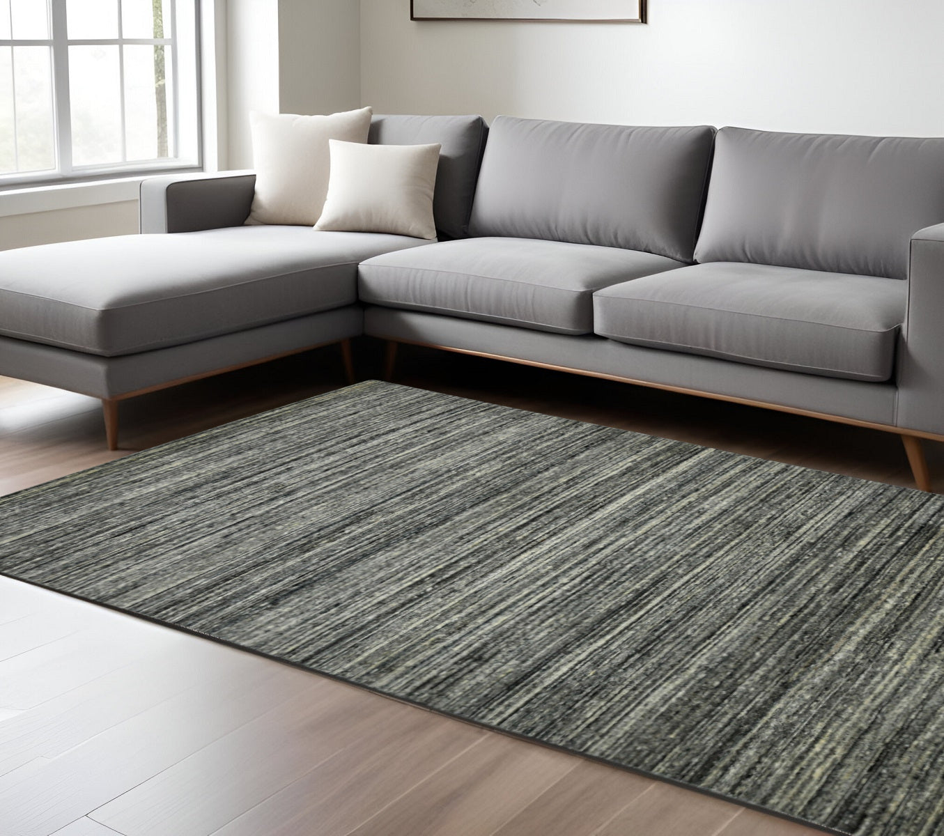9 X 12 Gray And Black Wool Striped Hand Woven Area Rug