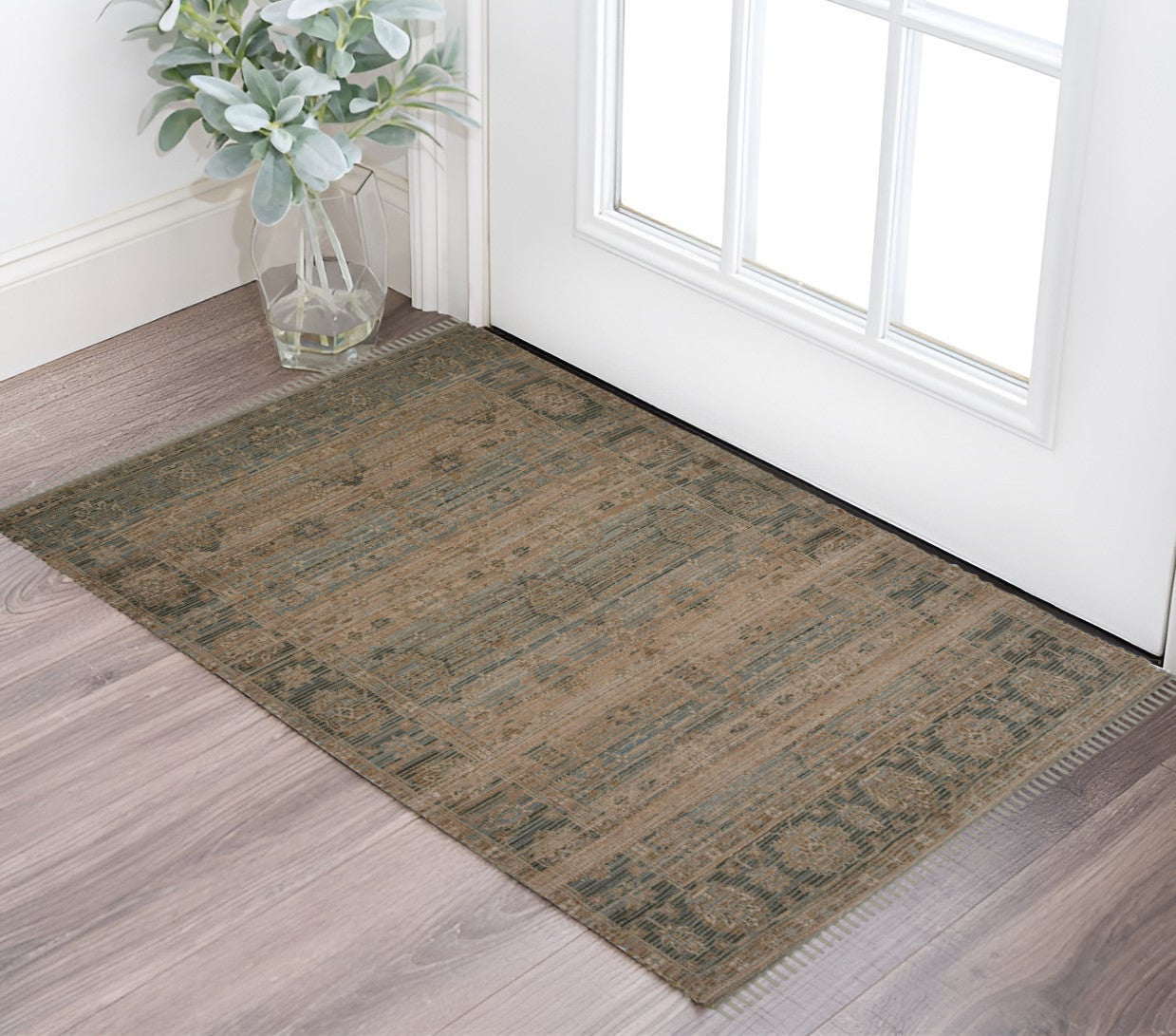 2 X 3 Brown And Dark Gray Oriental Hand Woven Area Rug With Fringe