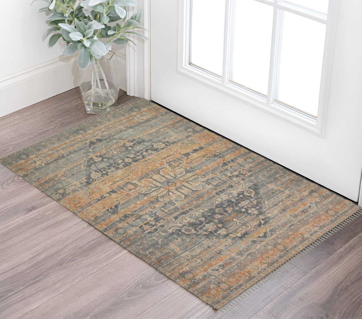 2 X 3 Beige Brown And Gray Oriental Hand Woven Area Rug With Fringe