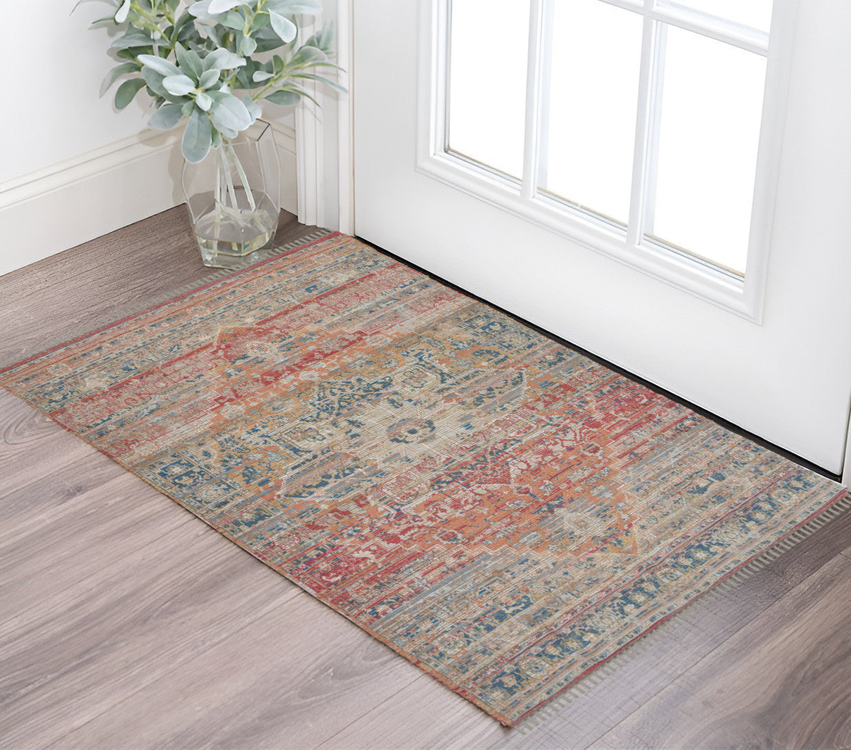 2 X 3 Blue Orange And Pink Oriental Hand Woven Area Rug With Fringe