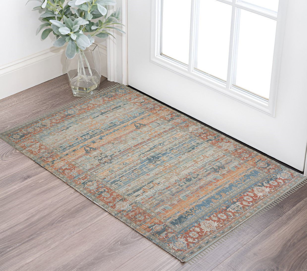 2 X 3 Blue Brick Red And Ivory Oriental Hand Woven Area Rug With Fringe