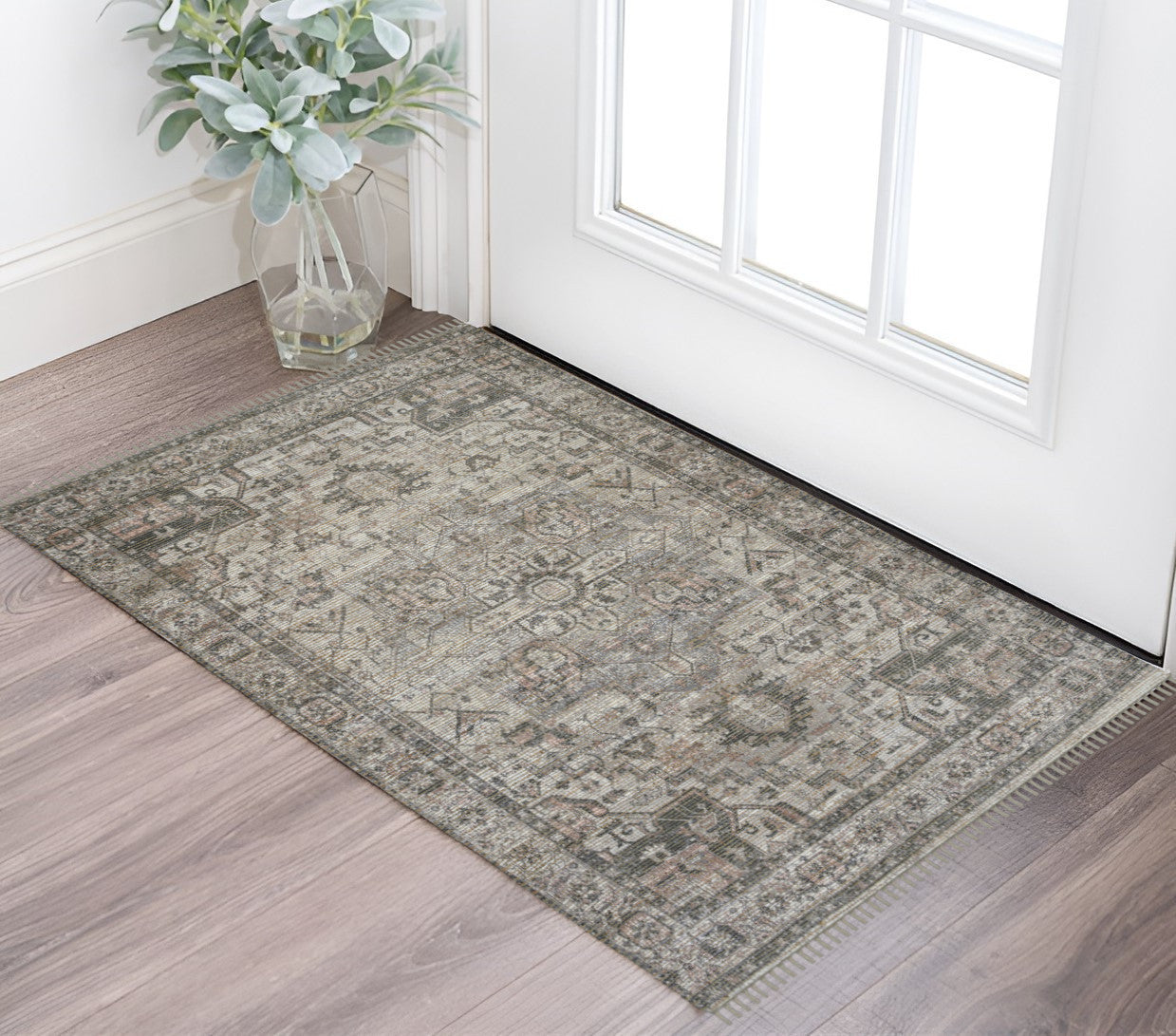 2 X 3 Gray And Dark Gray Oriental Hand Woven Area Rug With Fringe