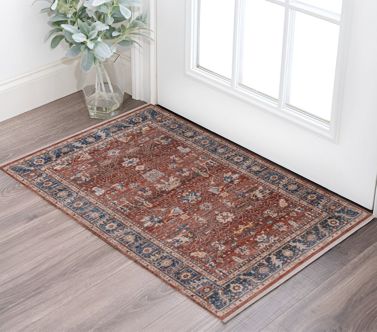 2 X 3 Red Beige And Blue Oriental Area Rug