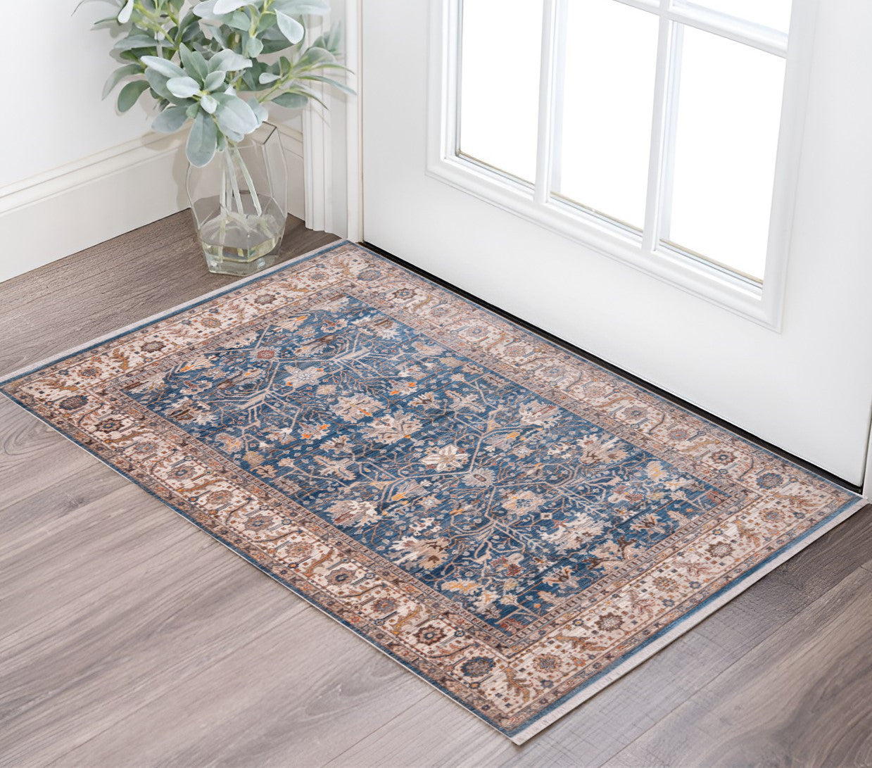 2 X 3 Navy Blue Beige And Brown Oriental Area Rug