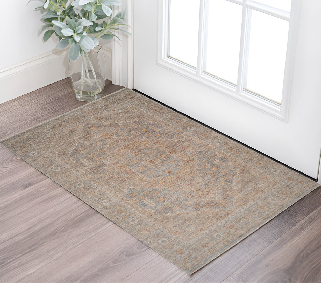 2 X 3 Blue And Sand Floral Medallion Area Rug With Fringe