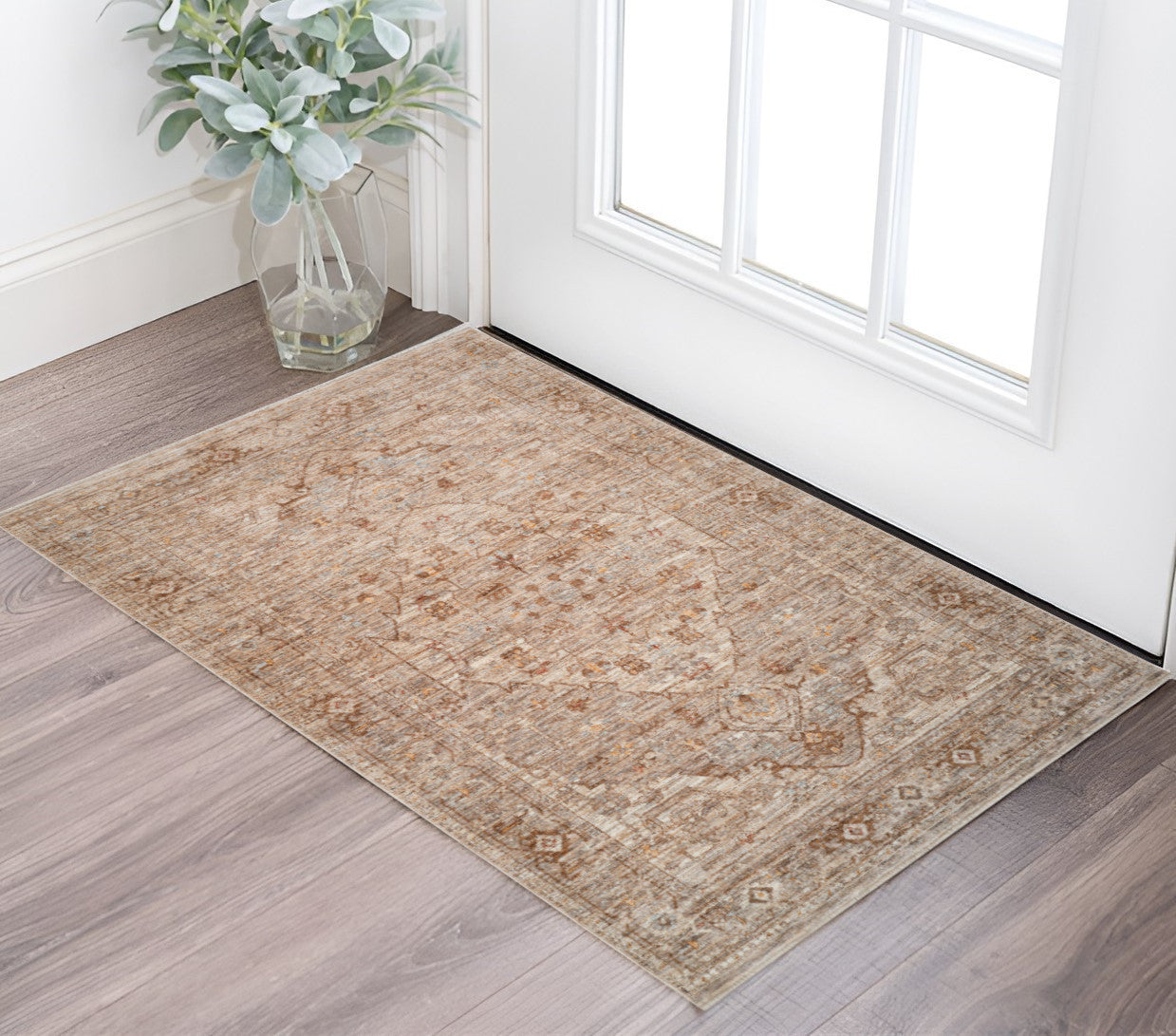 2 X 3 Beige And Brown Floral Medallion Area Rug With Fringe